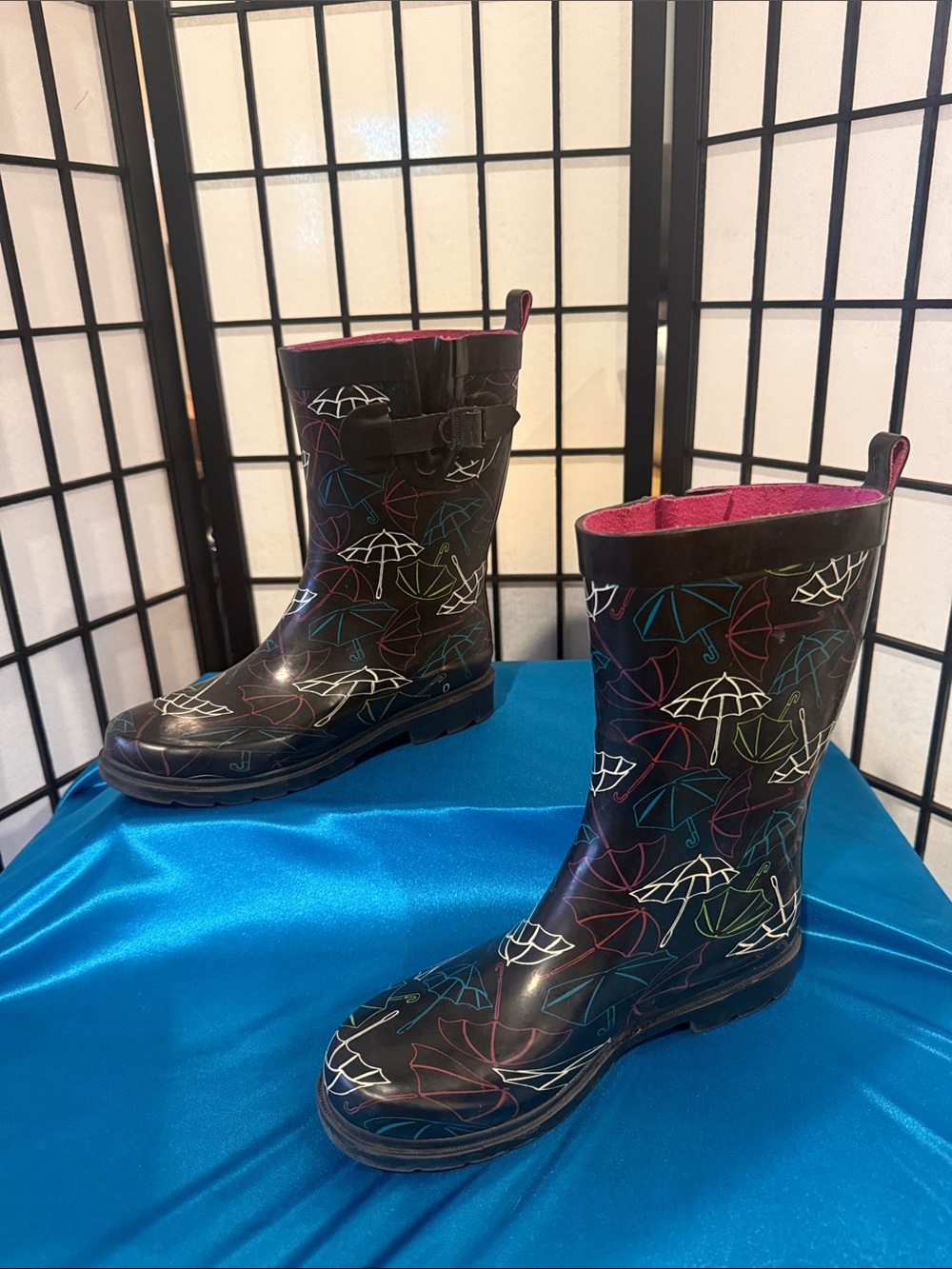Capelli of New York Black Rain Boots with Multicolor Umbrella Print